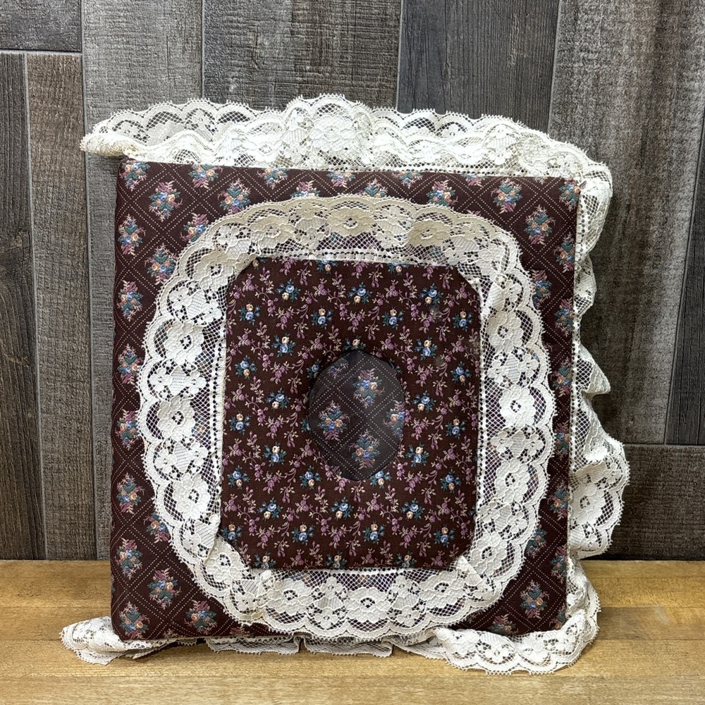 Vintage Floral Fabric Covered Photo Album Scrapbook Burgundy White Lace Trim